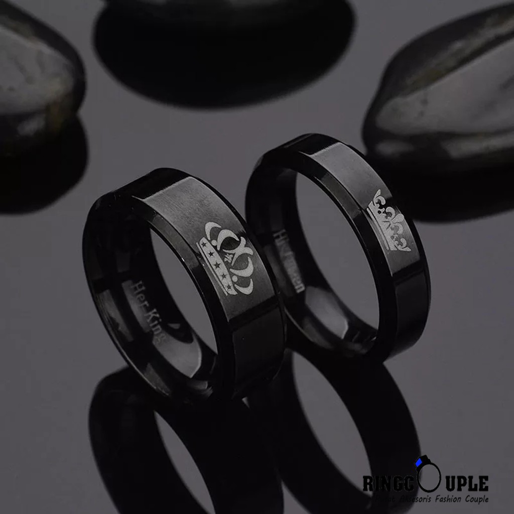 Cincin Couple Black King Queen Titanium Original 100% Anti Pudar (GRATIS BOX)