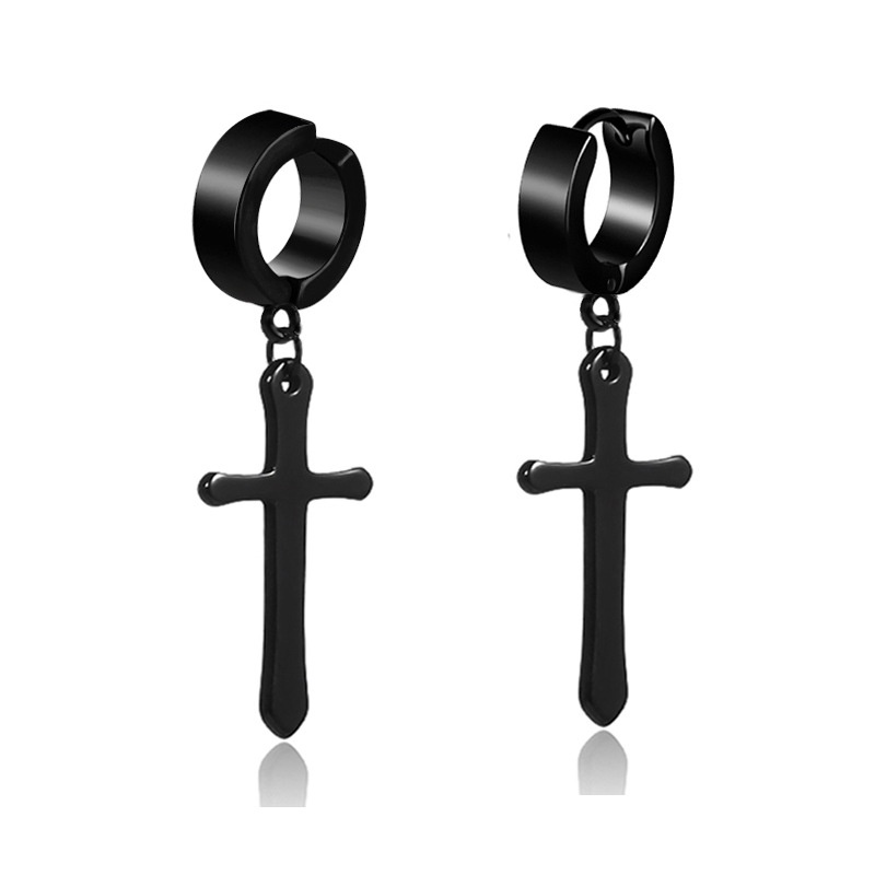 One Piece Versi Korea Non-alergi Stainless Steel Cross Anting-Anting Pria Hip-Hop Hitam Jalan Gothic Punk Anting-Anting