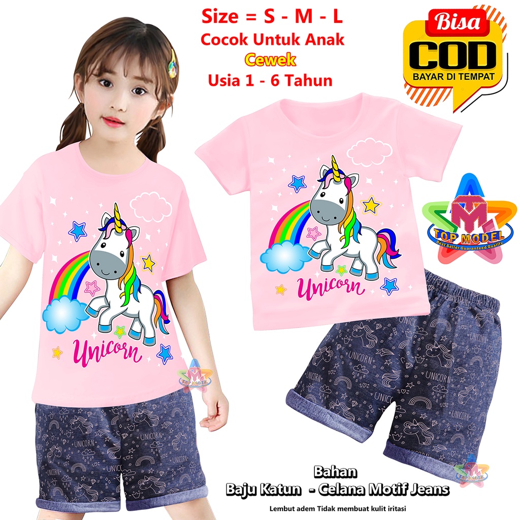 BISA COD &amp; Gratis Ongkir Setelan Baju Anak Celana Jeans UNICON Baby Cewek 1-6 Tahun Wanita TOP MODEL 00059 Baju Anak Pendek terbaru &amp; termurah Bahan Katun Baju Setelan Anak Pendek Paling Tren &amp; Laris Terbaru Kekinian Baju Anak Main Kado Ulang Tahun