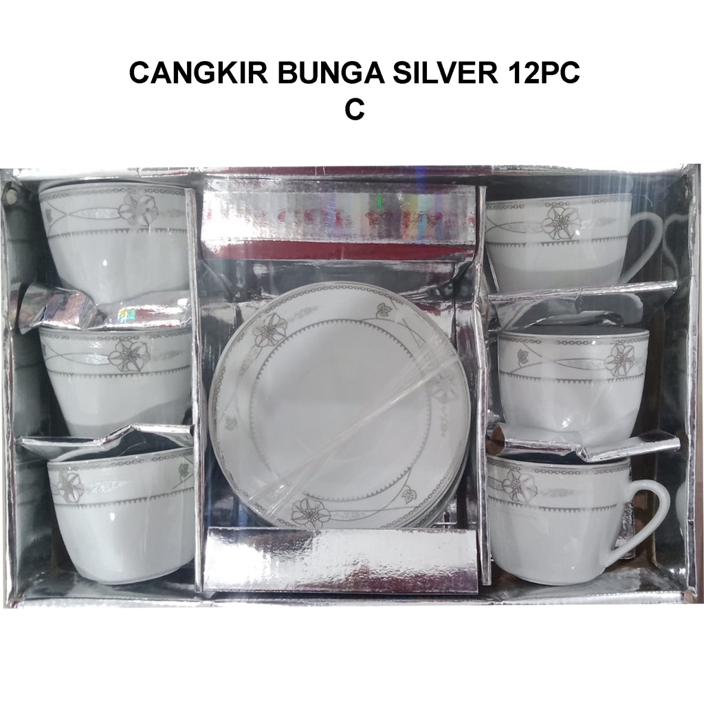 Cangkir Teh Keramik Bunga Silver SET 12 Hampers Hadiah Gift Box