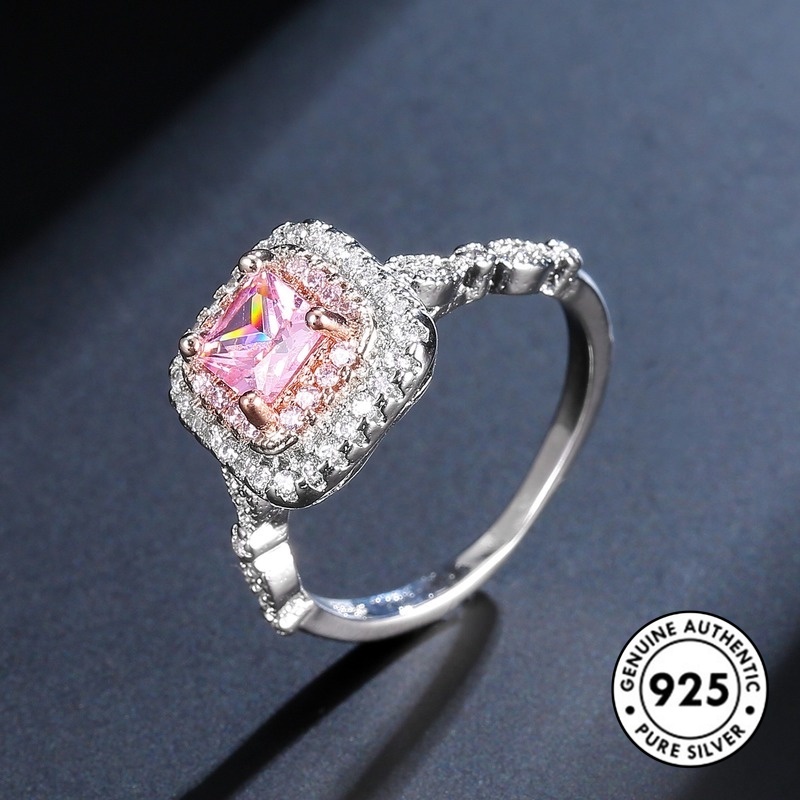 Cincin Lapis Silver 925 Dengan Berlian Imitasi Bentuk Kotak Warna Pink Untuk Wanita