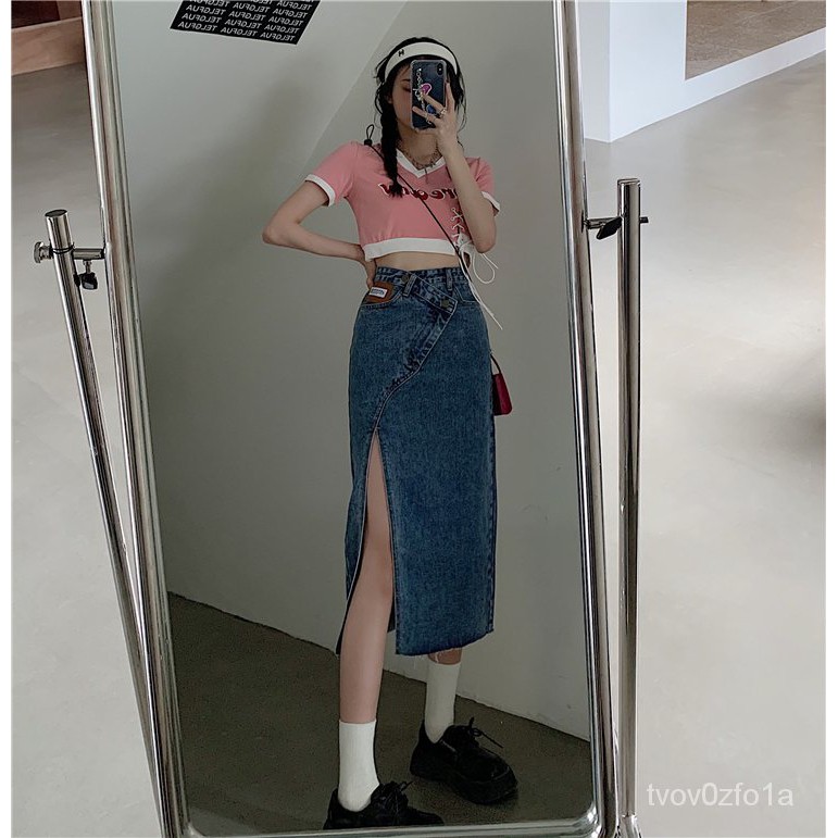 S-5XL Rok denim kebesaran Tidak Teratur Celah Denim Rok Wanita Rok Panjang Pinggang Tinggi