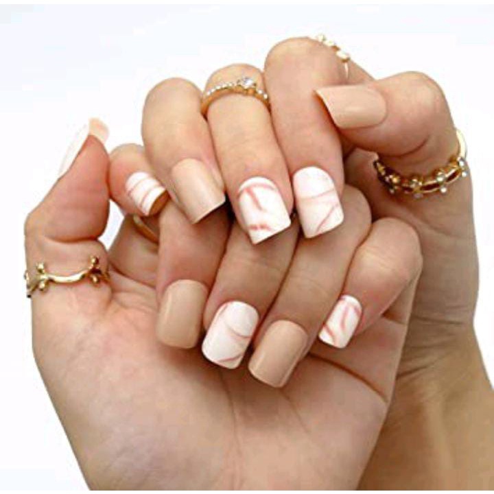 24PCS MARBLE NUDE NAILS KUKU PALSU MARMER / FAKE NAILS MARBLE KUPAL WEDING