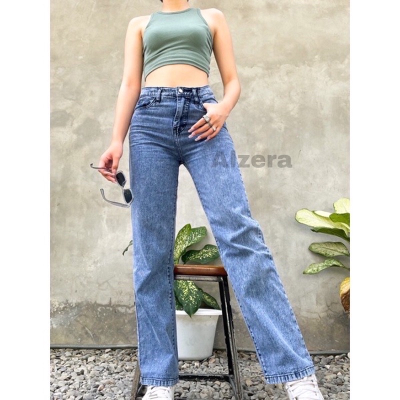 ALZERA Celana Highwaist Boyfriend Loose Jeans Kekinian Wanita BF Faina