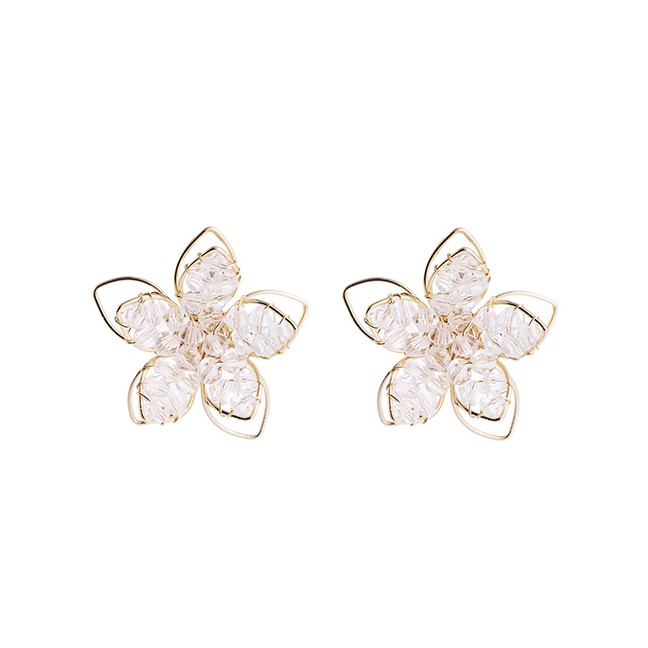 LRC Anting Tusuk Fashion White Crystal Hollow Flower Beaded Braided Alloy Earrings K04131