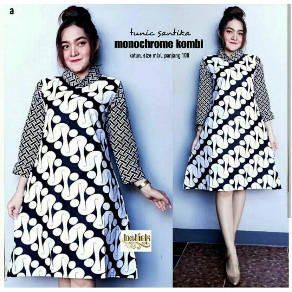 Santika Monochrome Kombi Abu Batik Modern Midi Dress Casual Kerja Seragam Kantor