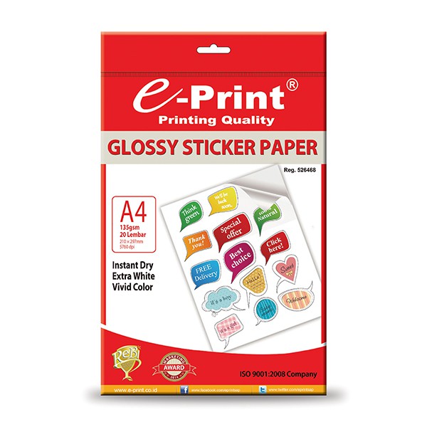GLOSSY STICKER PAPER E-PRINT / KERTAS STIKER GLOSY A4 135GSM ISI 20LEMBAR