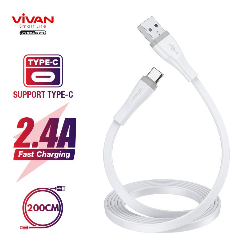 KABEL DATA VIVAN Kabel Data Type C Fast Charging SC 30CM 100CM 200CM 2.4A Quick Charge Flat Design White