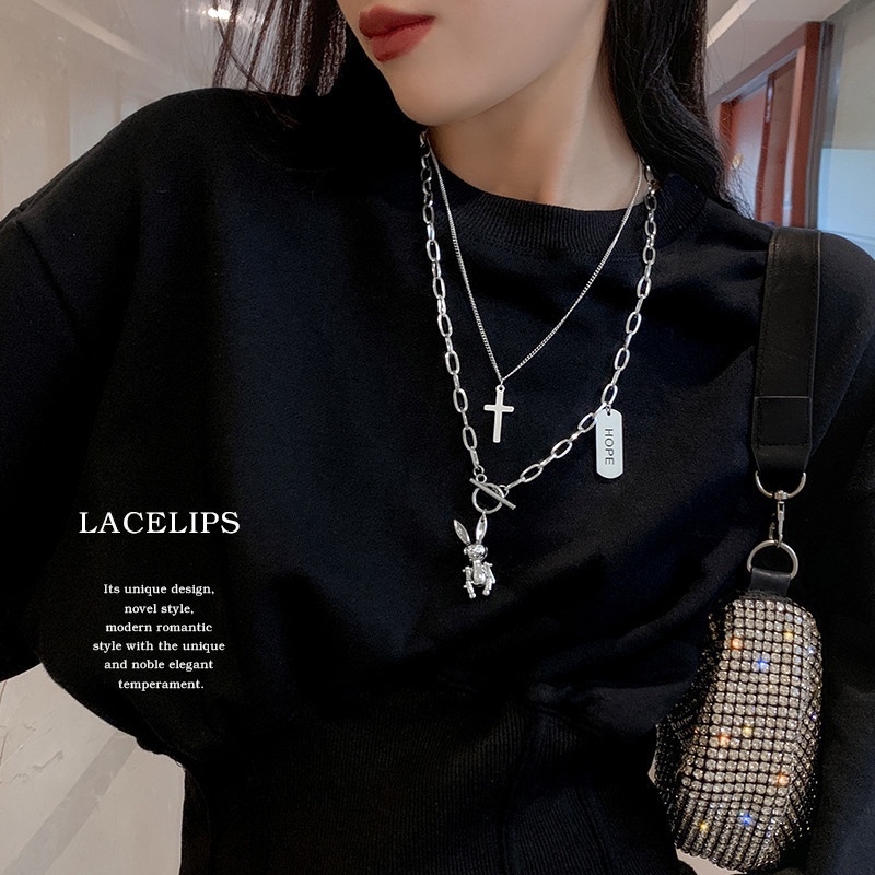 Cross kelinci surat kalung tren hip hop gaya dingin kalung cocok untuk pria dan wanita double layer