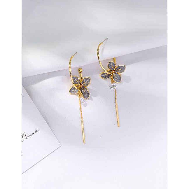 LRC Anting Fashion Gray-2 Flower Drop Earrings With Diamonds D69561