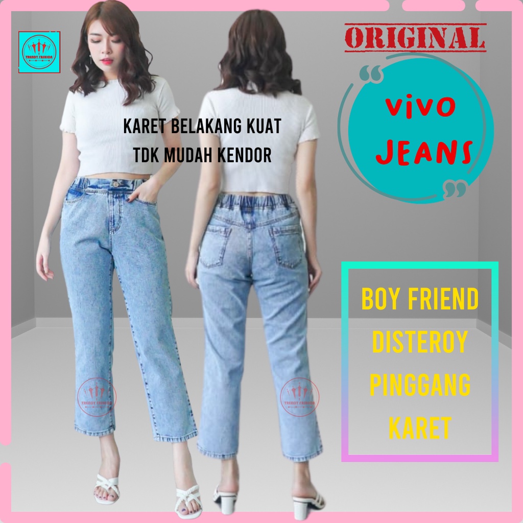 Vivo celana boyfriend panjang jeans wanita, cewek, remaja, dewasa  pinggang karet polos kekinian rip