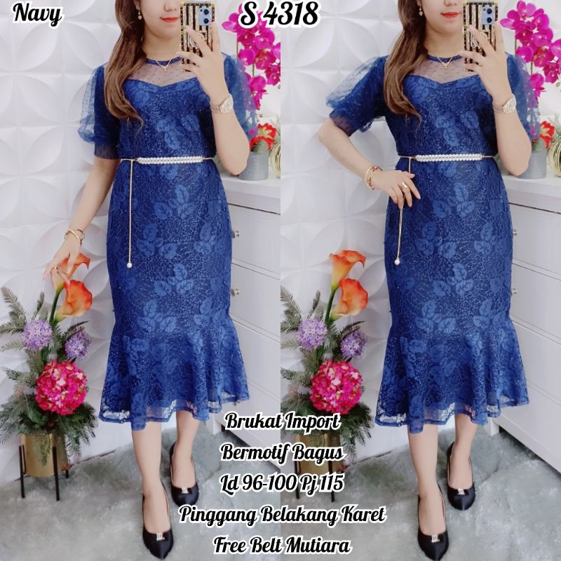 4318 #Dress Duyung Brukat Polos Navy+Belt