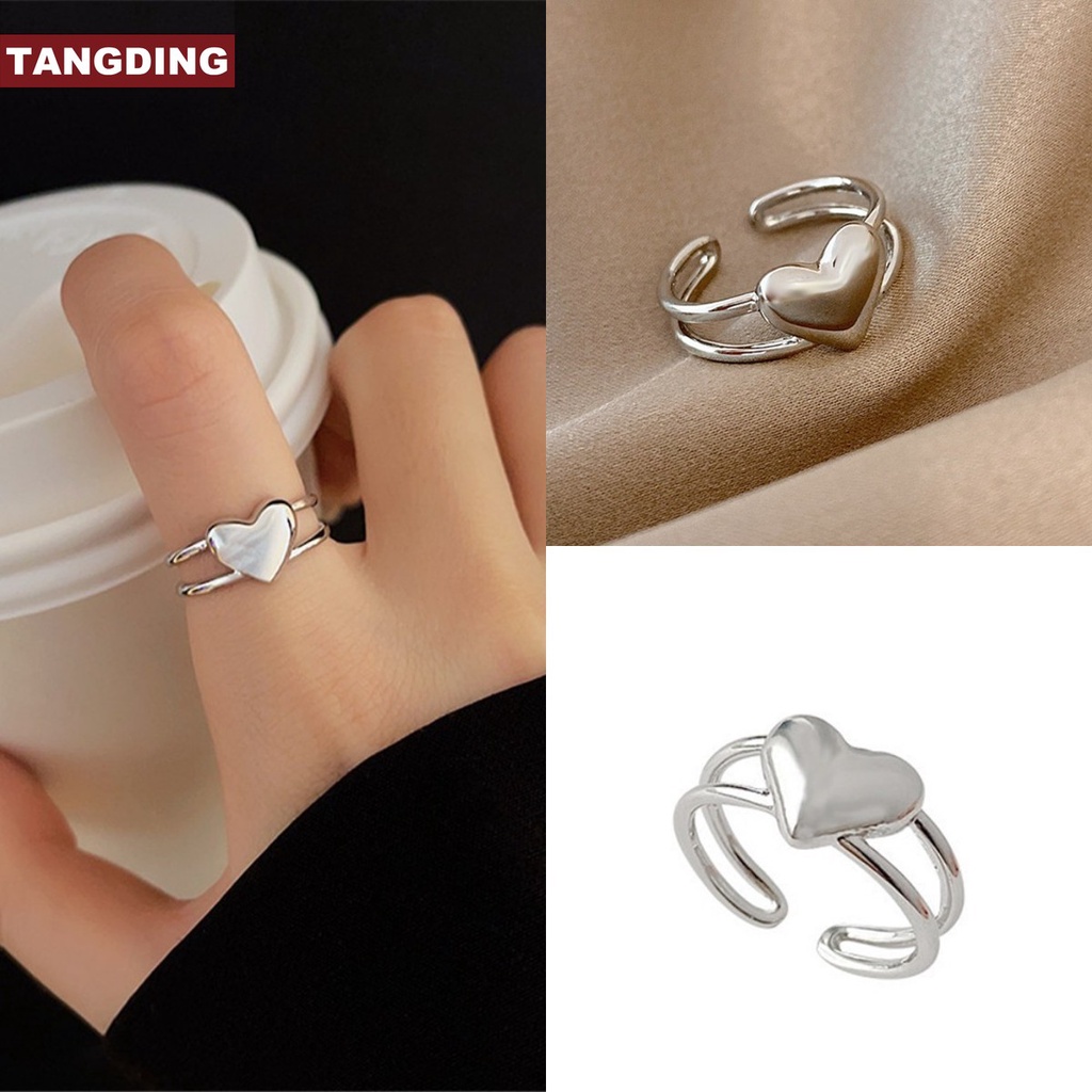 Cincin Jari Telunjuk Model Sisi Ganda Terbuka Dapat Disesuaikan Desain Hati Gaya Korea Untuk Wanita