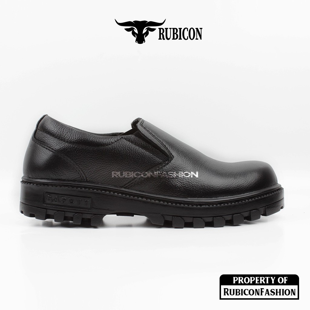 SEPATU SAFETY PRIA KERJA LAPANGAN RUBICON FROG SLIP ON UJUNG BESI KULIT ASLI SOL KARET