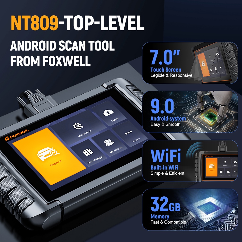 FOXWELL NT809 OE-Level Obd2 Alat Diagnostik Mobil Semua Sistem Pemindai Mobil Odb2 Dengan 30+ Fungsi Reset Pemeliharaan Dan Kontrol Dua Arah