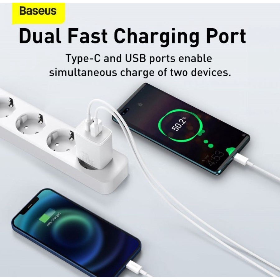 Baseus Original Adaptor Charger Compact 20W USB Type C Dual Output Iphone Ip Fast Charging Kepala Adapter Casan Ori