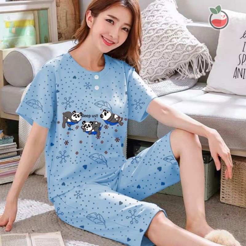SUNCHERY COD BAJU TIDUR 3/4 ALL SIZE/BABYDOLL KEKINIAN MURAH/SLEEPWEAR WANITA-PANDA BIRU