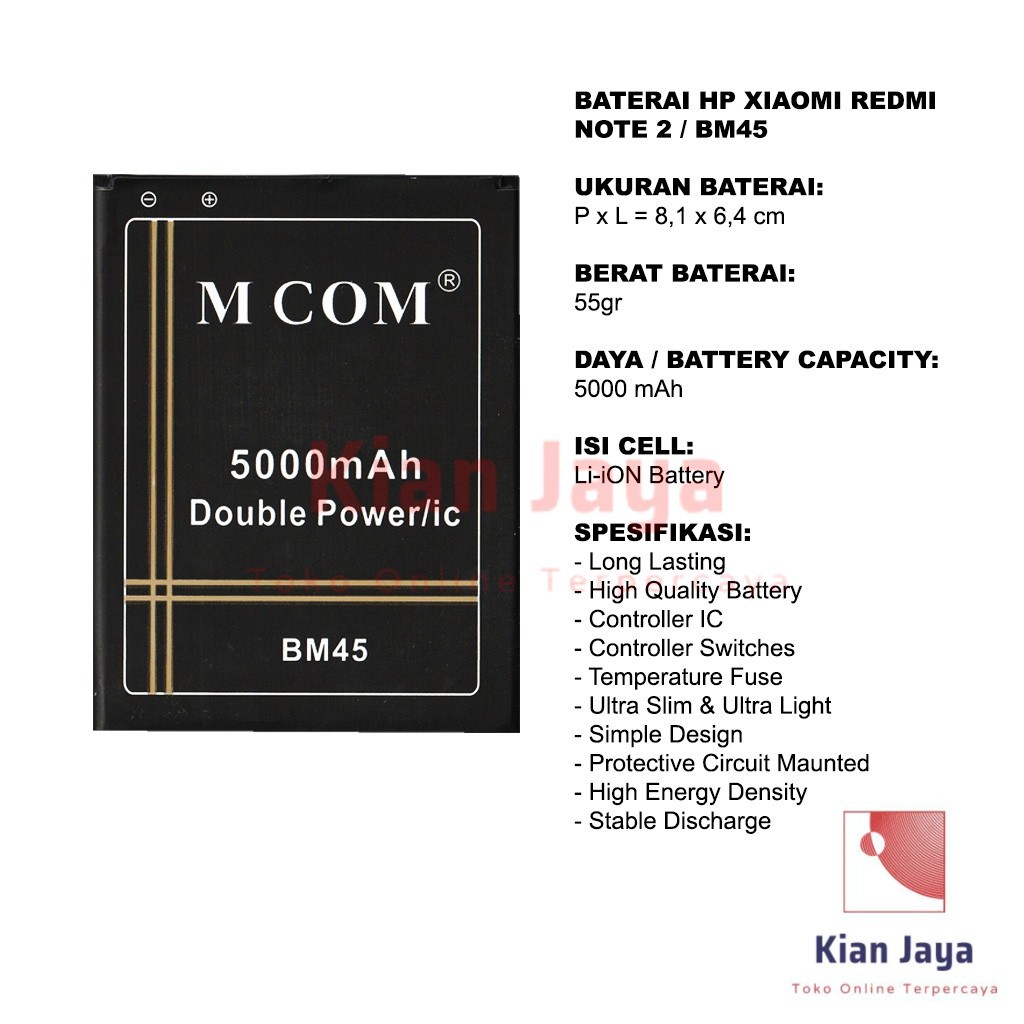 MCOM Baterai Hp XiaoMi Redmi Note 2 BM45 Original Double Power Batre Batrai Battery