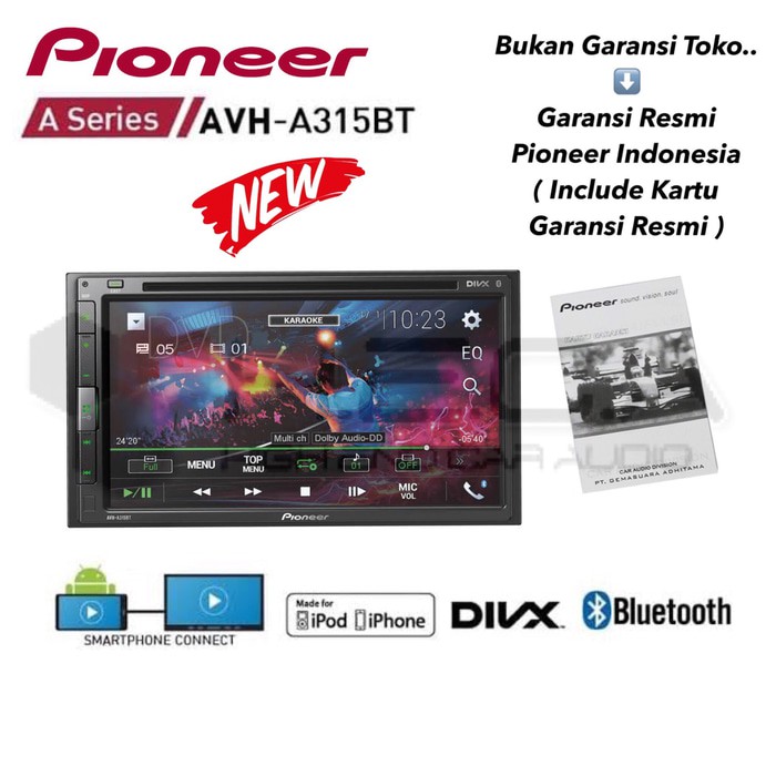 Pioneer AVH-A315BT MirrorLink Head Unit Double Din Tape Mobil Audio Murah