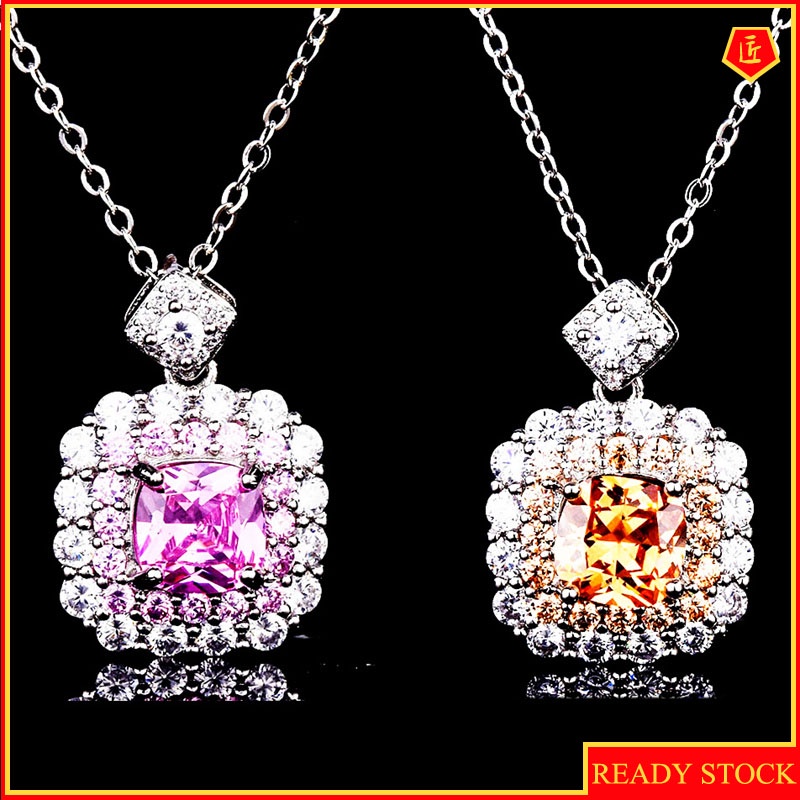 [Ready Stock]Pink Square Diamond Group Inlaid Zircon Colored Gems Pendant Women's Fashion All-Matching