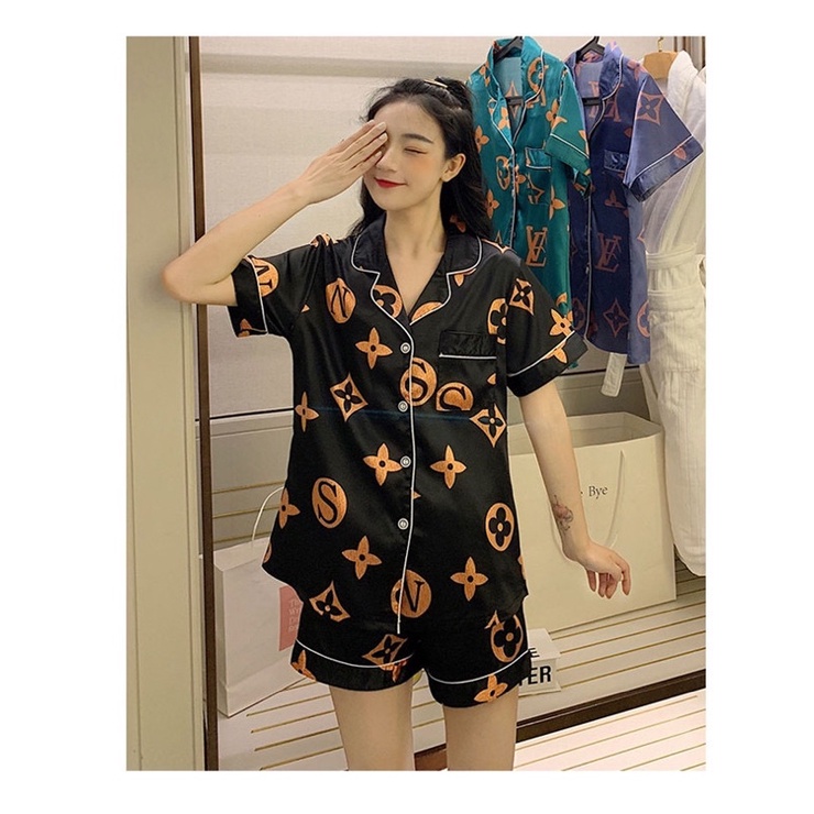 Piyama satin import / baju tidur wanita / piyama ice silk sutera-L* black