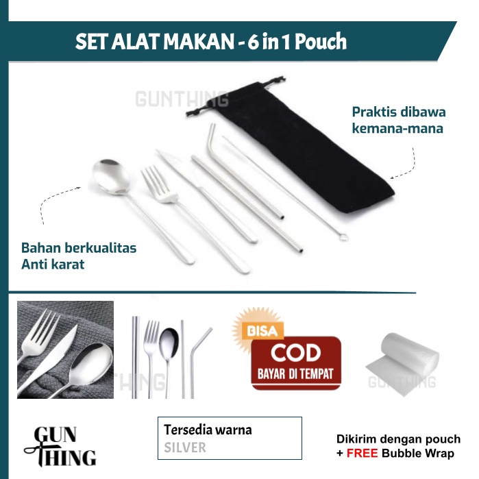 Set Alat Makan 6 in 1 dengan Pouch / Alat Makan Praktis / Cutlery Set