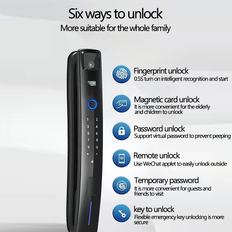 Toolbox 2022 TERBARU Smart Door Lock HD visual peephole camera cat eye fingerprint 6 unlock methods Kartu gesek kata sandi sidik jari untuk menutup dan membuka pintu secara otomatis Dilengkapi dengan pengisian daya USB bel pintu Fingerprint password card-6