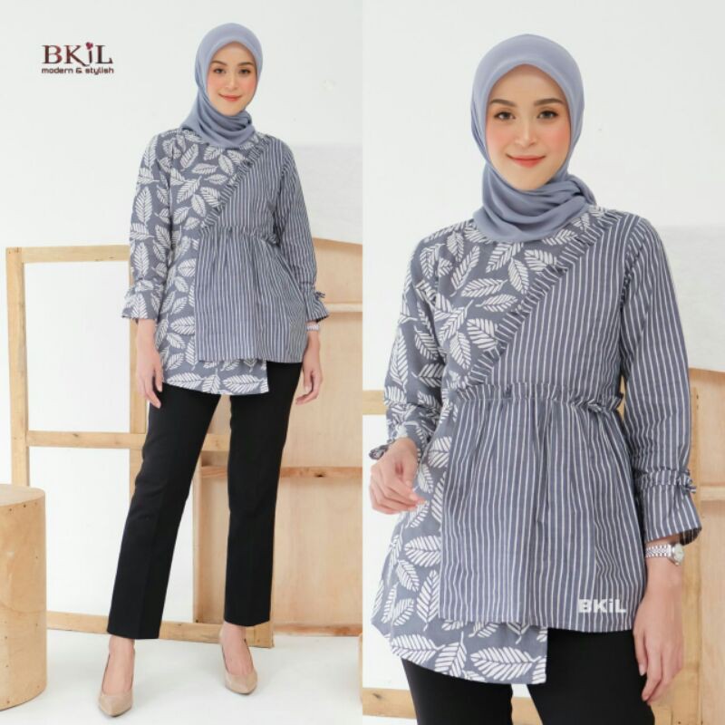tey-17 Batik Wanita ASJ SA HRB026 Kenongo Kemeja Tosca Pendek-Daun Abu