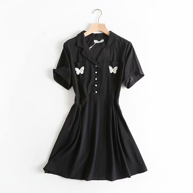Midi Dress Wanita Polos Warna Hitam Lengan Pendek Casual Dress Korean Style Black Butterfly