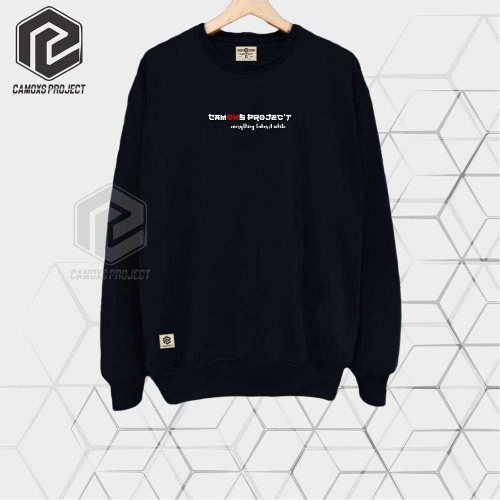 Sweater Crewneck Pria Hitam List Japan Camoxs Project Everything Sweter Krunek Cowok Cewek Oversize Suiter Suwiter Cotton Flecee Tebal