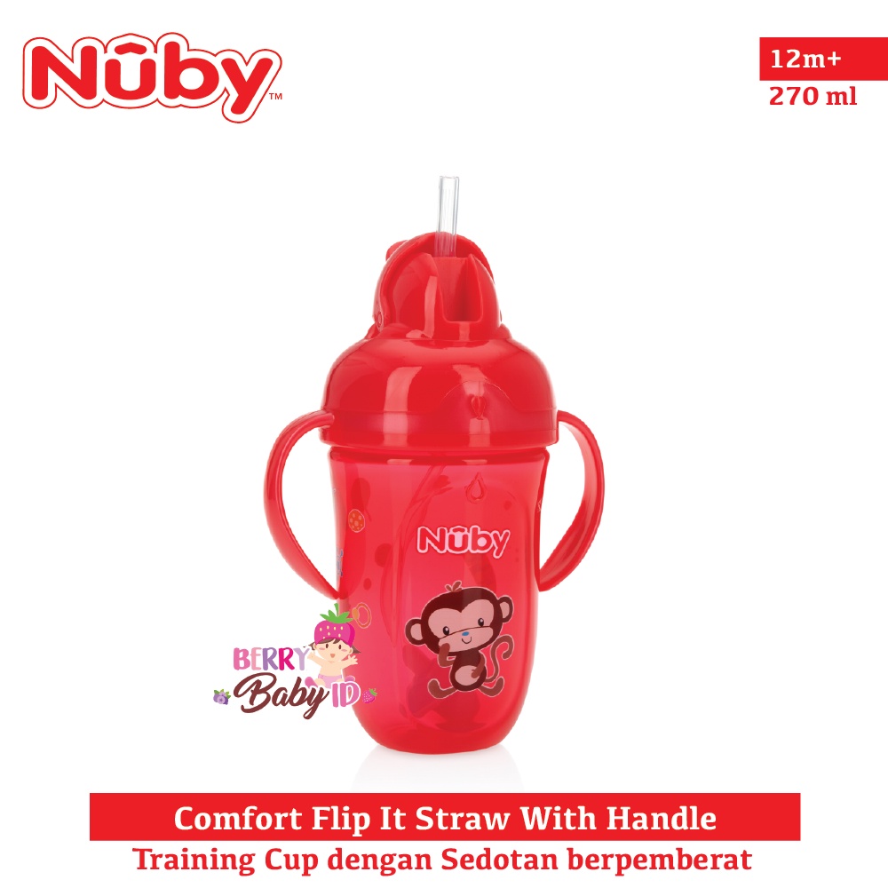 Nuby PP Comfort Flip It Straw With Handle Botol Minum Bayi Anak Botol Sedotan BPA Free 12m+ Berry Mart