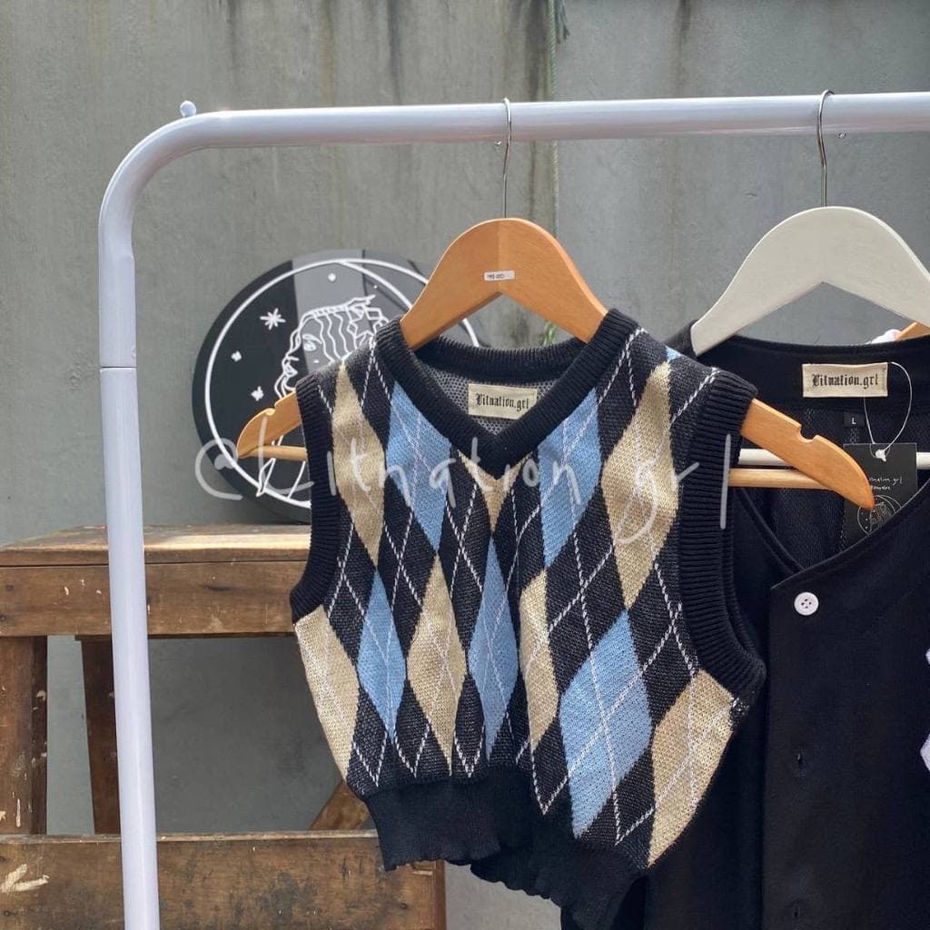 Denna argyle crop knit vest premium rajut