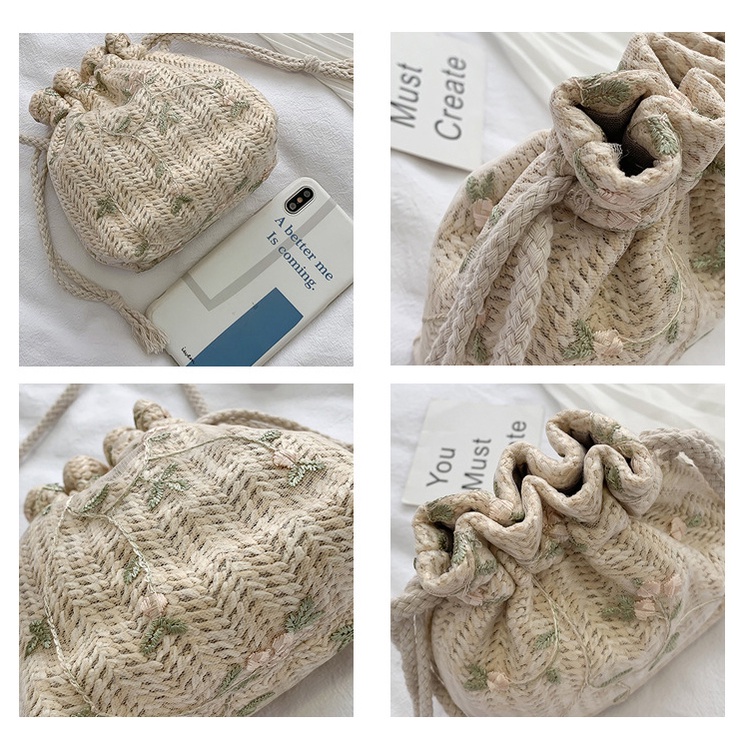 Tas Sling Bag Wanita Bahan Anyaman Leaf Flower Sling Bag Bucket Aesthetic Import
