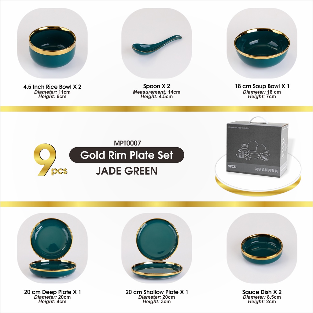 Set 9 &amp; 26 PCS Piring Mangkok Makan Hijau Keramik Pinggiran Emas Cantik Ceramic Mewah Western Steak Gold Rim Plate