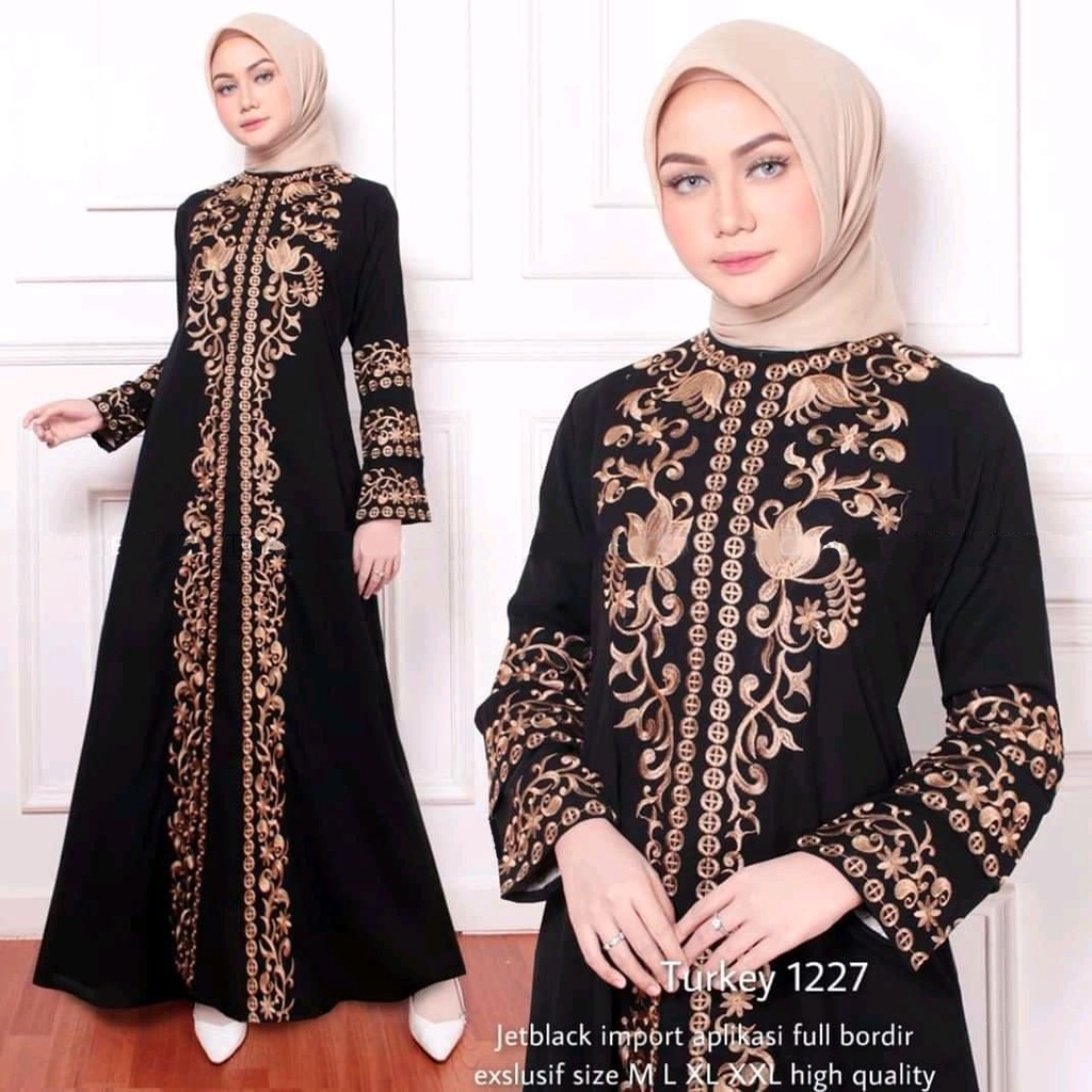 COD  Baju Setelan Gamis Muslim Abaya Hitam Turki Bordir Model Terbaru