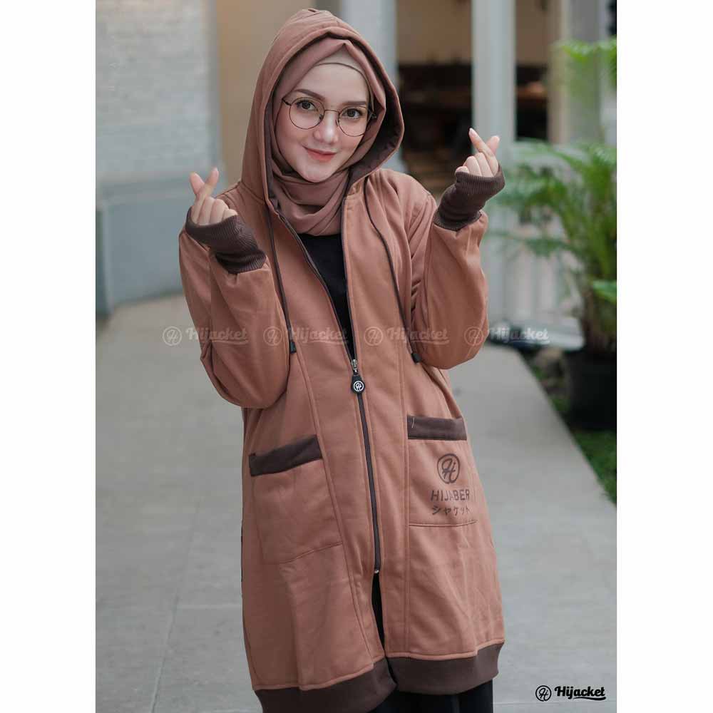 Jaket Hoodie Panjang Wanita Cewek Muslimah Hijaber Jacket Hijab Roundhand Finger Hijacket YK Coklat-1