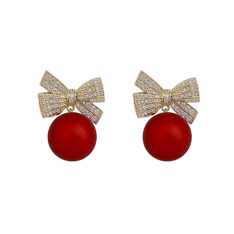 Fashion Crystal Bow Knot Stud Earrings for Women Pearl Cherry  Rhinestone Red Earring Girls Party Christmas Jewelry Gifts