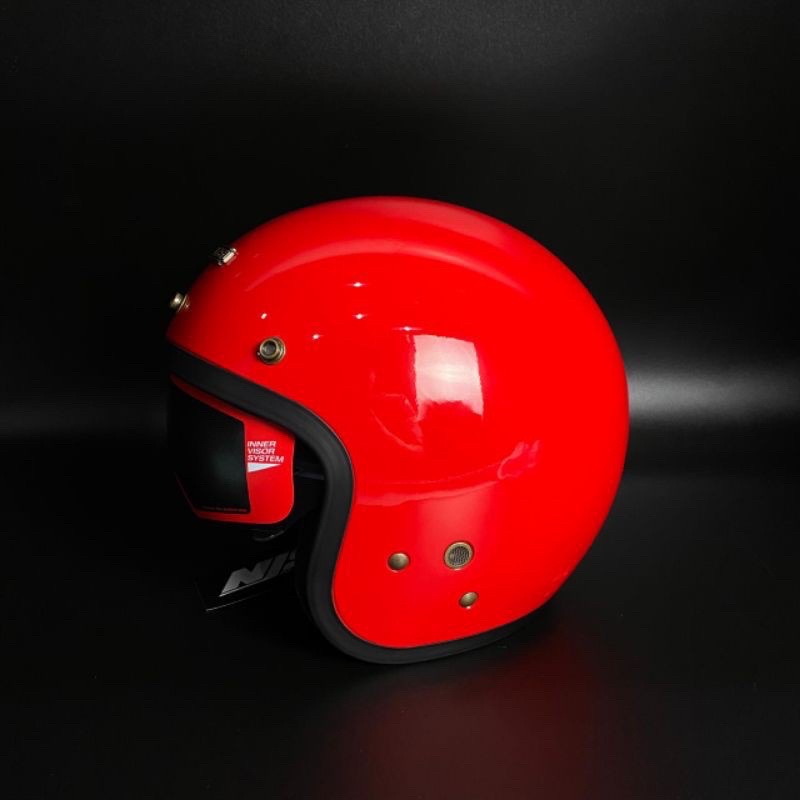 HELM NJS NX 2 RETRO SOLID DOUBLE VISOR INTERCOM FREE PET ORIGINAL 100%-Red Glossy