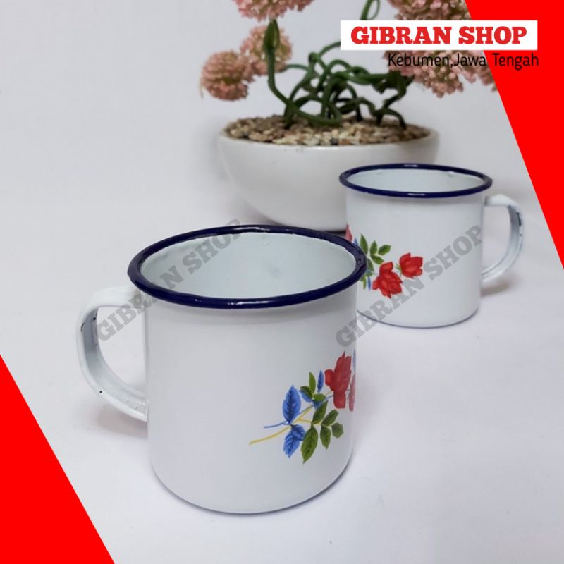 Cangkir Mug Enamel Gelas Seng Antik Motif Bunga Anti Karat MURAH