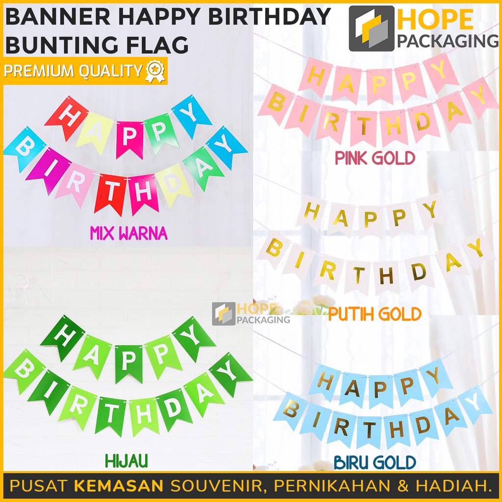 Banner Happy Birthday SEGI LIMA / Bunting Flag Ulang Tahun Tulisan Gold Pastel HIjau Biru / Cheap Banner