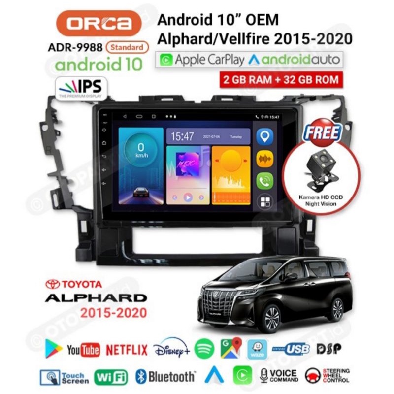 Head Unit Android 10 inch Alphard Head Unit Android ORCA ADR 9988 VOICE COMAND ANDROID AUTO APPLE CARPLAY