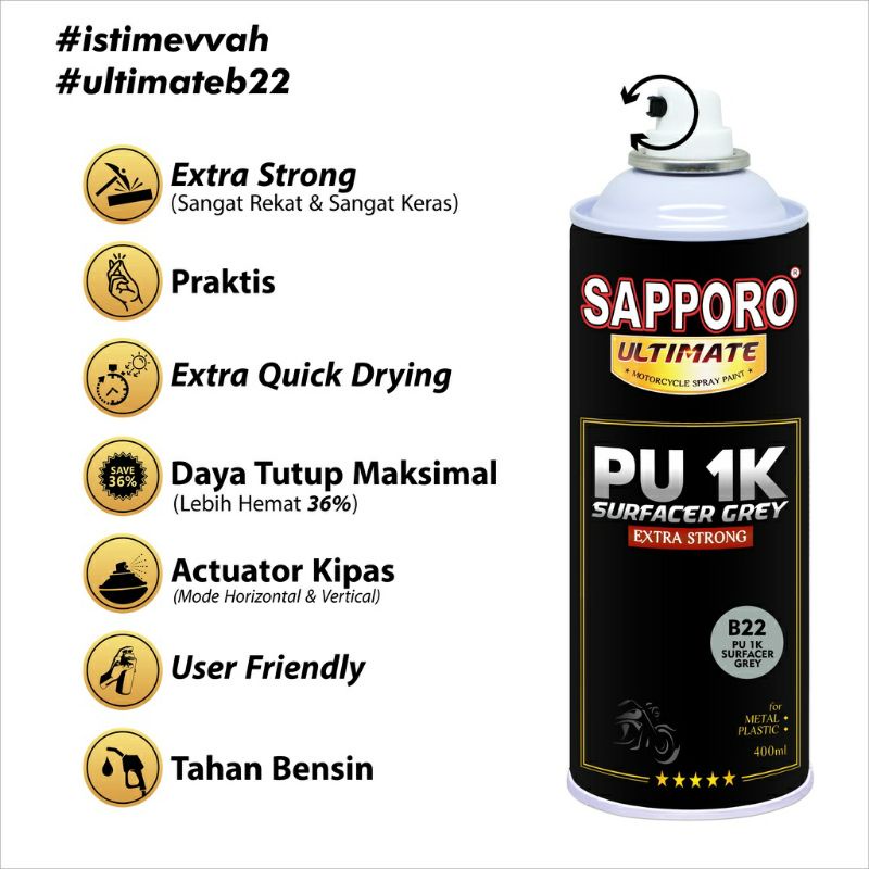 SAPPORO ULTIMATE B22 PU 1K ** surfacer grey 400ml cat semprot spray paint