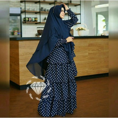 Gamis Syari Susun Polky Fimela - gamis susun rempel motif polka hijab