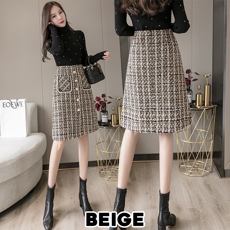 KARAKOREA 9988 Midi Jovanka Tweed Skirt/Rok Midi/Korean Skirt/Rok Tweed Tebal/Rok Korea Skirt