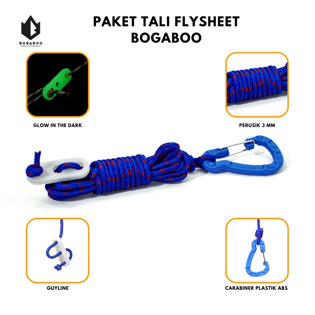 Paket tali flysheet BOGABOO - karabiner abs - guyline glow in the dark - tali perusik 3 MM  - paket tali tenda - paket tali tiang flysheet - bivak set bogaboo