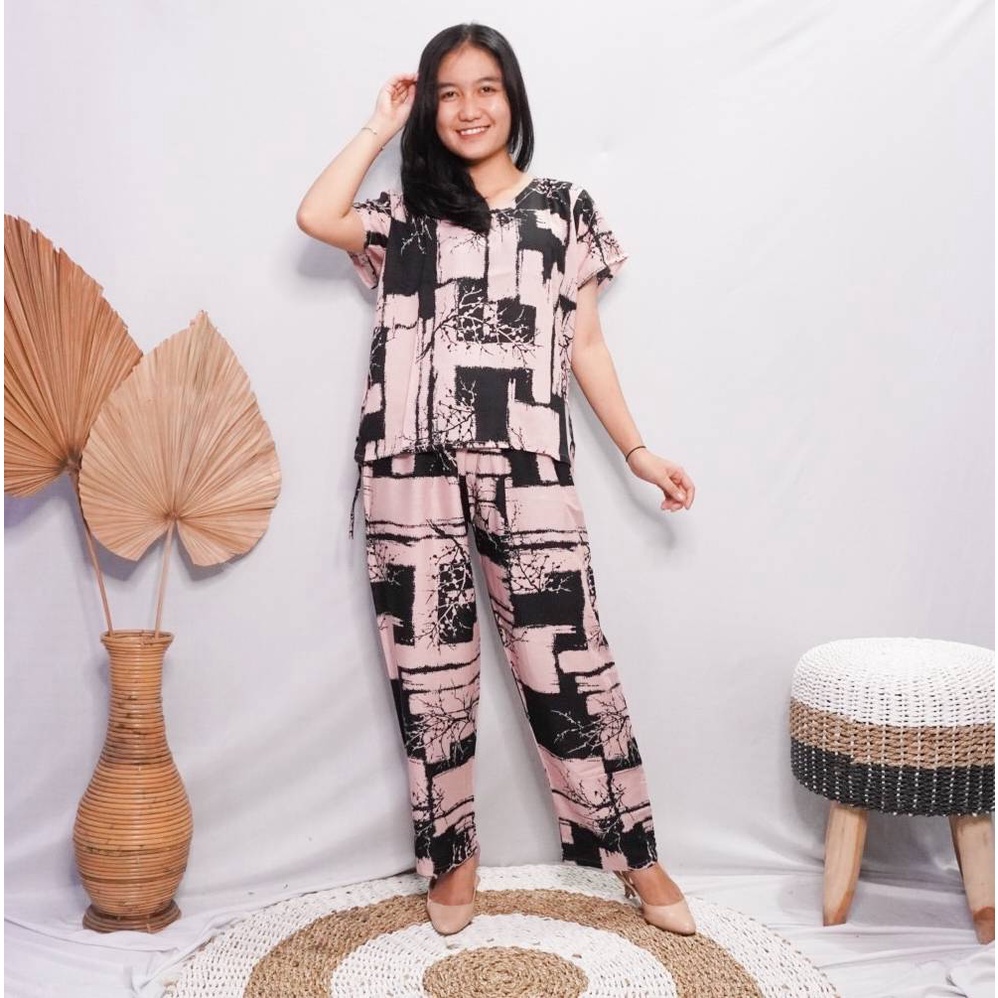 Daster Babydoll Panjang Bali-SET AKAR KOTAK PEACH