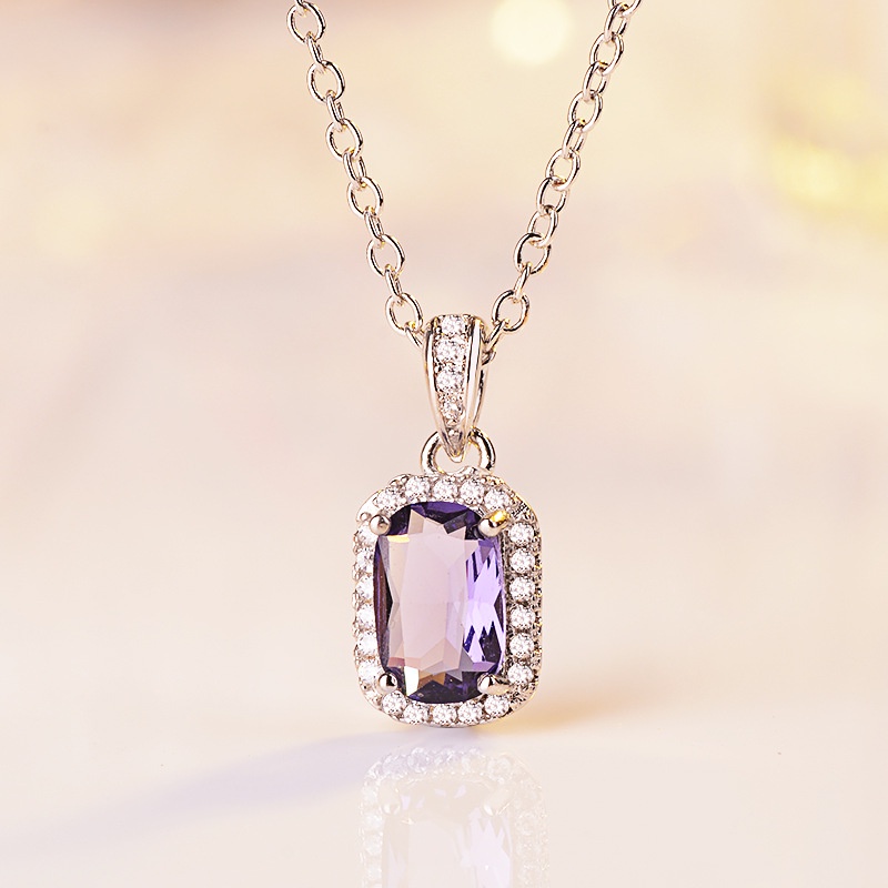 [Ready Stock]Fashion Square Princess Diamond Pendant Color Gemstone Necklace