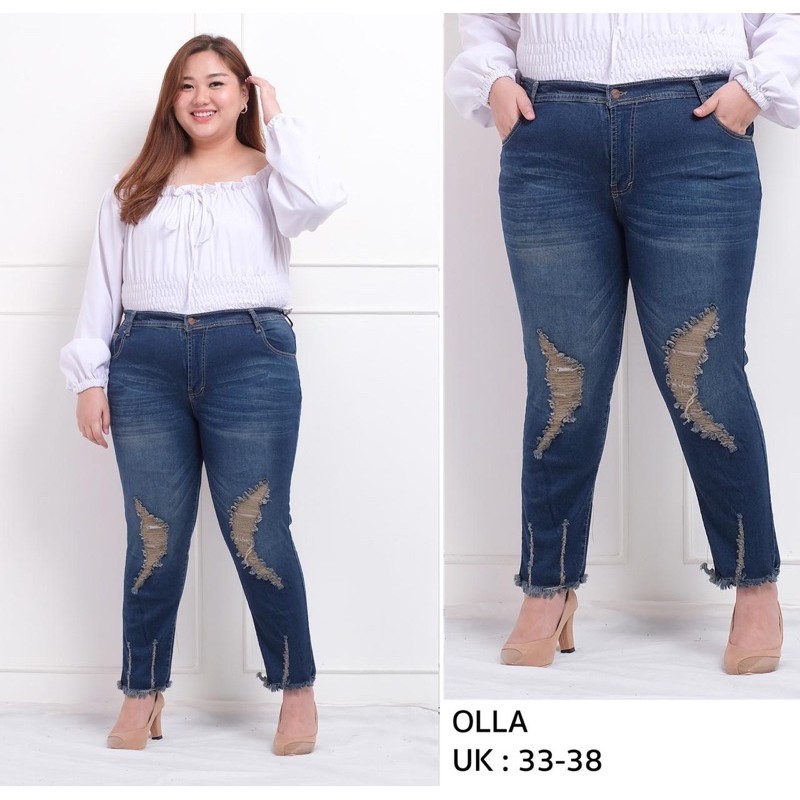 Bigsize Jumbo Celana Jeans Cewek Wanita Sobek Jumbo Bigsize ripped destroy best seller olla LB