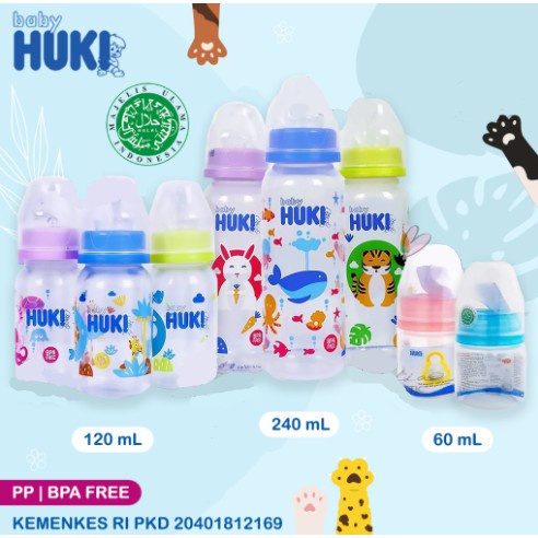 *FRAULEINCO* HUKI Baby Botol Susu 60ml 120ml 240ml Dot Nipple Silicone Gepeng / Bulat ROUND Botol Susu HUKI Bayi Newborn / Baby Bottle