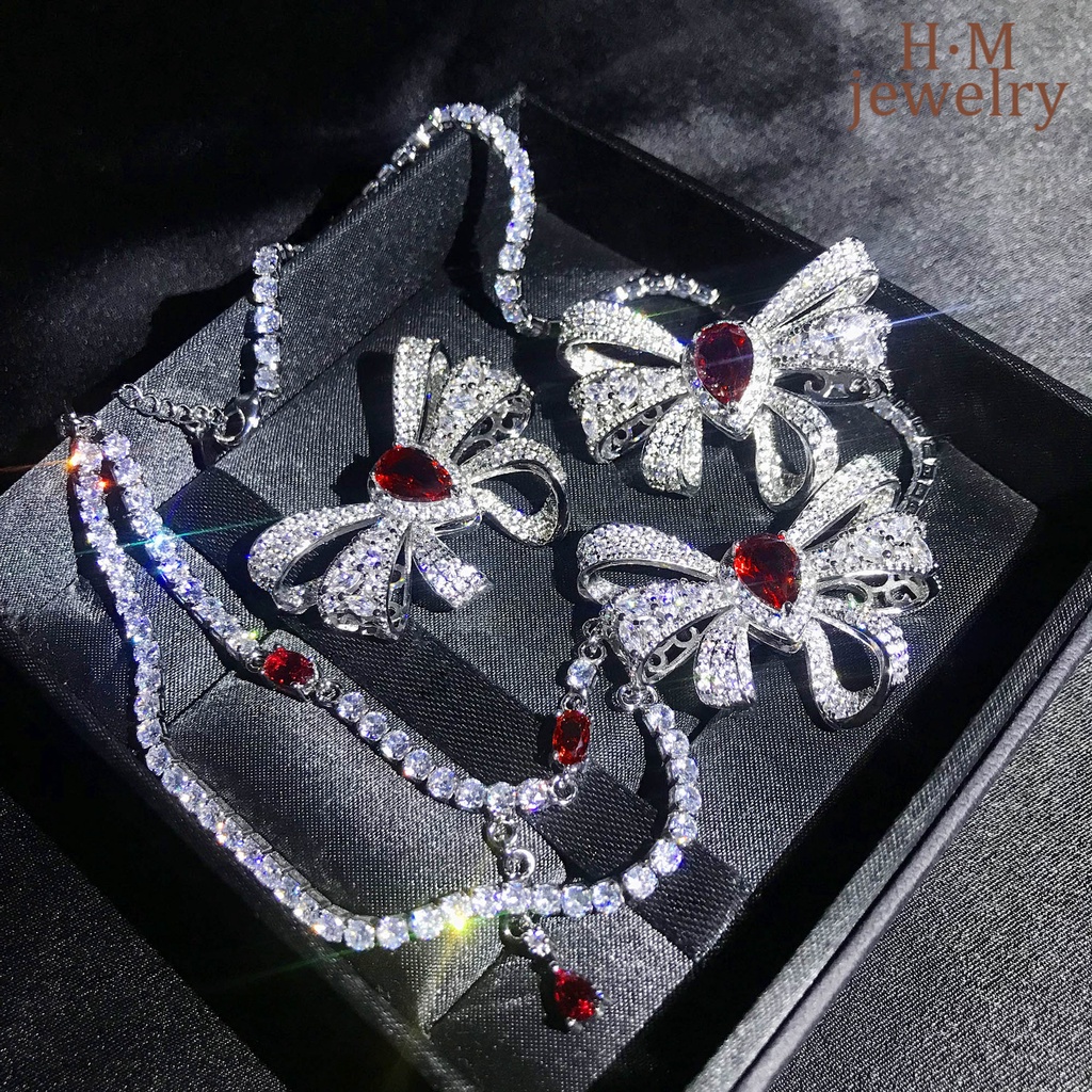 Kalung Rantai Silver S925 Wanita Liontin Pita Kupukupu Hias Berlian Merah Butterfly